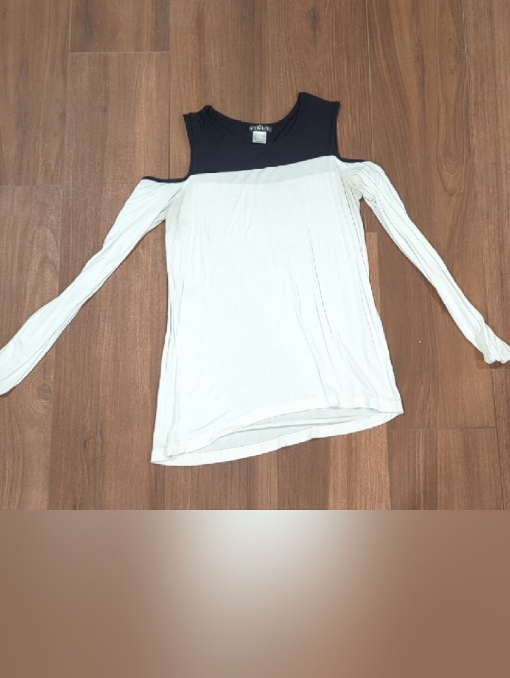 VENUS Cold Shoulder White Long Sleeve Top with Black Yoke